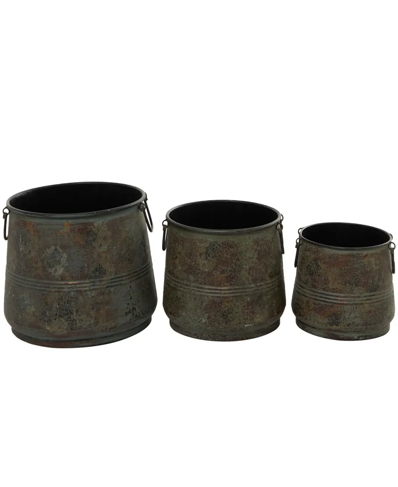 Brass Metal Indoor Outdoor Distressed Bucket Style Planter with Side Ring Handles Set of 3