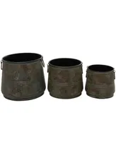 Brass Metal Indoor Outdoor Distressed Bucket Style Planter with Side Ring Handles Set of 3