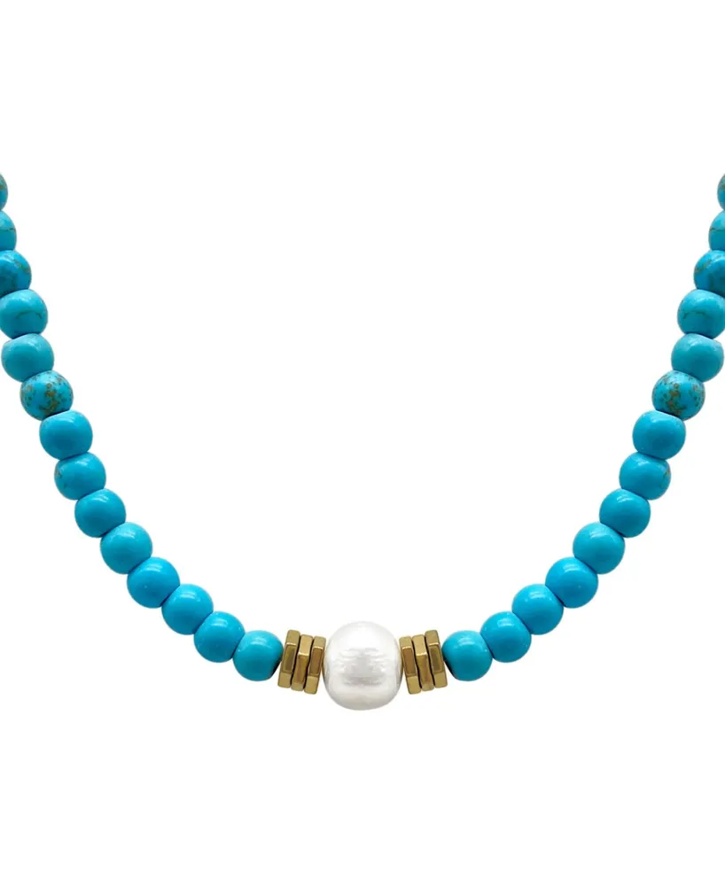 Adornia 17.5" Faux Turquoise Beaded Necklace with Imitation Pearl