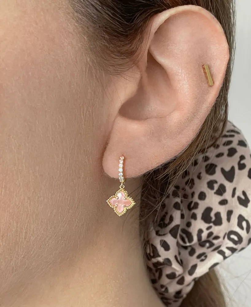Adornia 14K Gold Plated Floral Dangle Hoops Pink Imitation Mother of Pearl Earrings