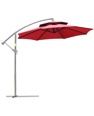 Outsunny 9' 2-Tier Cantilever Umbrella with Crank Handle, Cross Base and 8 Ribs, Garden Patio Umbrella for Backyard, Poolside, and Lawn, Red