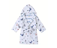 Gots Certified Organic Cotton Muslin Hooded Reversible Bath Robe For Child, Under The Sea (Size 7-8Y), Unisex