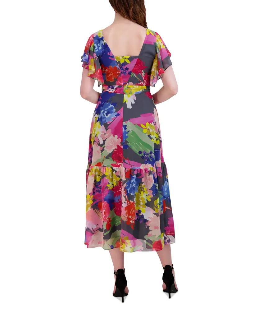 Donna Ricco Women's Flutter-Sleeve Printed Midi Dress