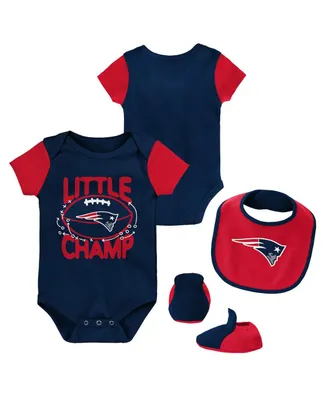 Newborn and Infant Boys Girls Navy, Red New England Patriots Little Champ Three-Piece Bodysuit Bib Booties Set