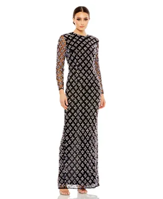 Women's Long Sleeve Embellished High Neck Column Gown