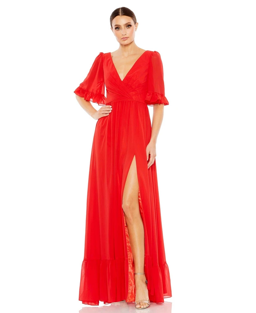 Women's Ieena Faux Wrap Ruffle Trim A Line Gown