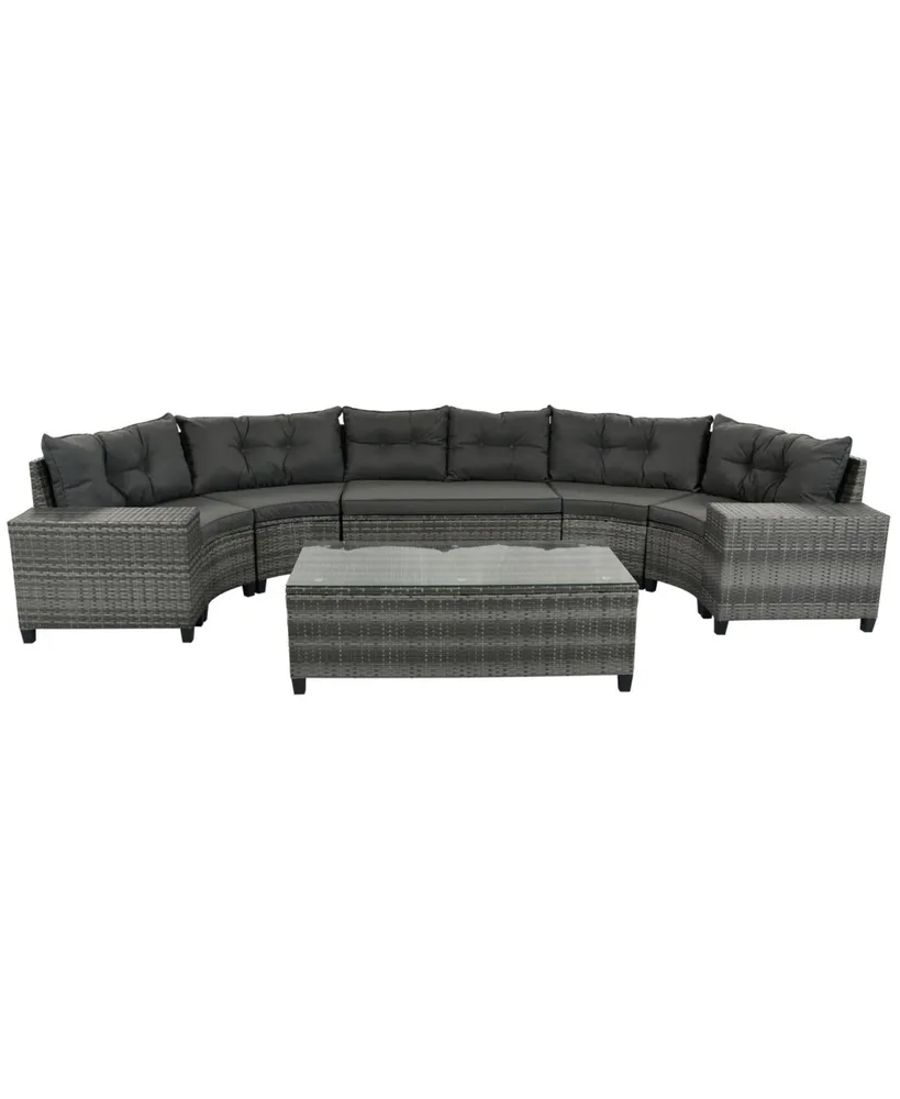 Simplie Fun 8-Pieces Outdoor Wicker Round Sofa Set, Half-Moon Sectional Sets All Weather, Curved Sofa Set