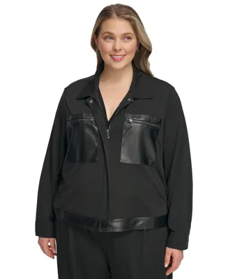 Calvin Klein Plus Size Faux-Leather-Trim Long-Sleeve Jacket