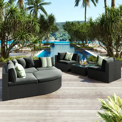 Simplie Fun 7-Piece Outdoor Wicker Sofa Set, Rattan Sofa Lounger, With Striped Pillows