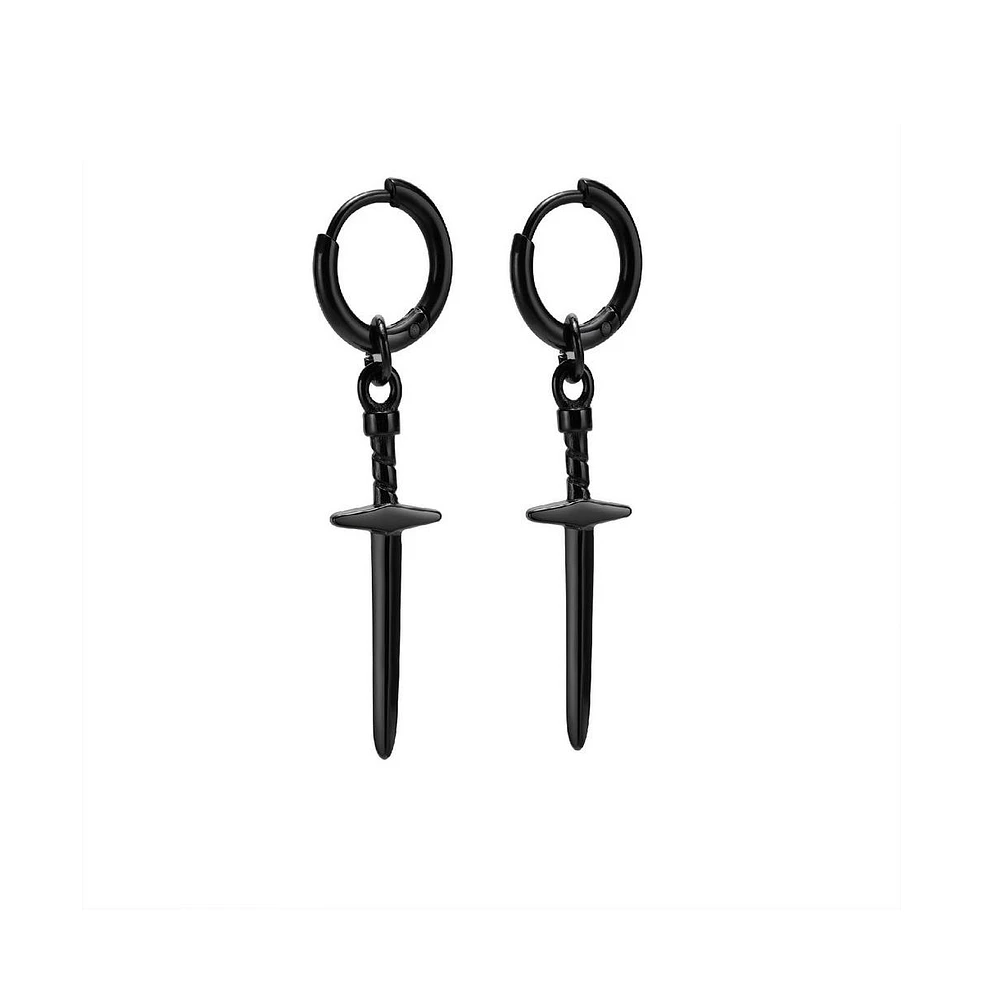 Stainless Steel Sword Charm Huggie Hoop Earrings - Black Plated