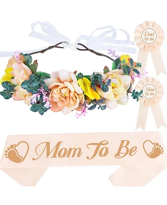 Meant2tobe Baby Shower Decoration for Mom To Be and Dad To Be, Rose Gold Flowers style Tiara + Rose gold Sash + Rose gold Dad to be pin, Maternity Chr