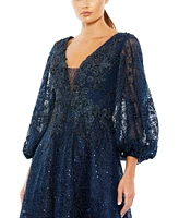 Women's Embellished Plunge Neck Bishop Sleeve Dress