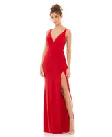 Mac Duggal Women's Ieena Plunge Neck High Slit Gown