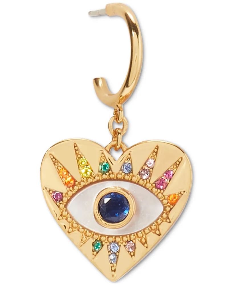 Kate Spade New York Gold-Tone Multicolor Cubic Zirconia Evil Eye Heart Charm Huggie Hoop Earrings