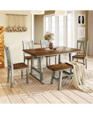 Simplie Fun 6-Piece Wood Dining Table Set Kitchen Table Set With Long Bench And 4 Dining Chairs, Farmhouse