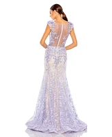 Mac Duggal Women's Embellished Cap Sleeve Illusion Neck Trumpet Gown