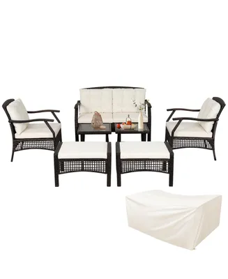 7PCS Patio Rattan Furniture Set Cushioned Sofas Loveseat Yard W/Waterproof Cover