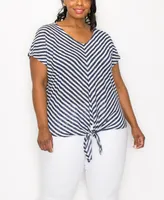 Coin 1804 Plus Size Slub Stripe Chevron Tie Front Short Sleeve Top