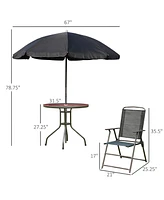 Outsunny 6 Piece Patio Dining Set for 4 with Umbrella, 4 Folding Dining Chairs & Round Glass Table for Garden, Backyard and Poolside, Black