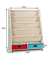 Kids Book Rack Toys Organizer with 4 Sling Bookshelf & 2 Boxes