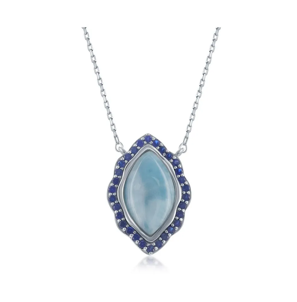 Sterling Silver Marquise Larimar with Sapphire Cz Border Necklace