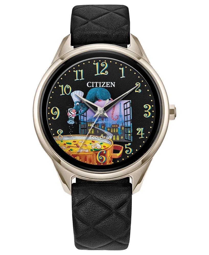 Citizen Eco-Drive Women's Pixar Ratatouille Black Quilted Leather Strap Watch 37mm