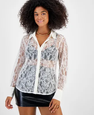 Bar Iii Women's Lace Long-Sleeve Shirt, Created for Macy's