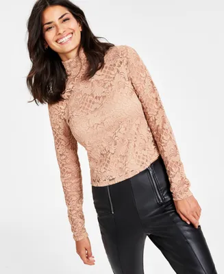 Bar Iii Women's Lace Mock Neck Top, Created for Macy's
