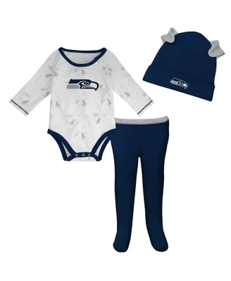 Newborn and Infant Boys Girls White, Seattle Seahawks Dream Team Bodysuit Pants Hat Set