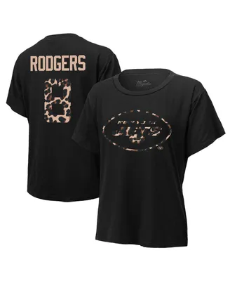 Women's Majestic Threads Aaron Rodgers Black New York Jets Leopard Player Name and Number Tri-Blend T-shirt