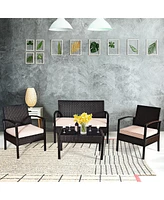 4PCS Patio Rattan Conversation Furniture Set Cushioned Seat Glass Table