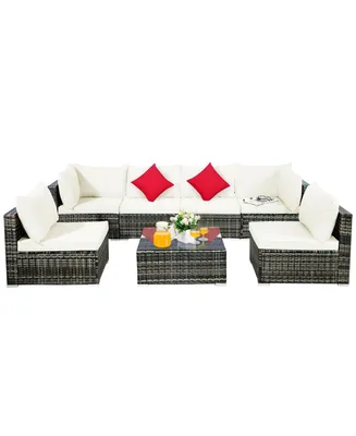 7PCS Patio Rattan Furniture Set Sectional Sofa Garden