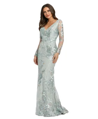 Women's Embellished V Neck Illusion Long Sleeve Gown