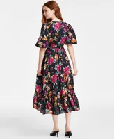 kensie Women's Floral-Print Elastic-Waist Puff-Sleeve Tiered Dress