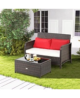 2PCS Patio Rattan Wicker Love-seat Coffee Table Set Cushioned Bench Garden Deck