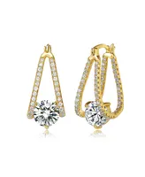 Sterling Silver with Cubic Zirconia Solitaire Double Trapeze Inside-Out Oblong Hoop Earrings