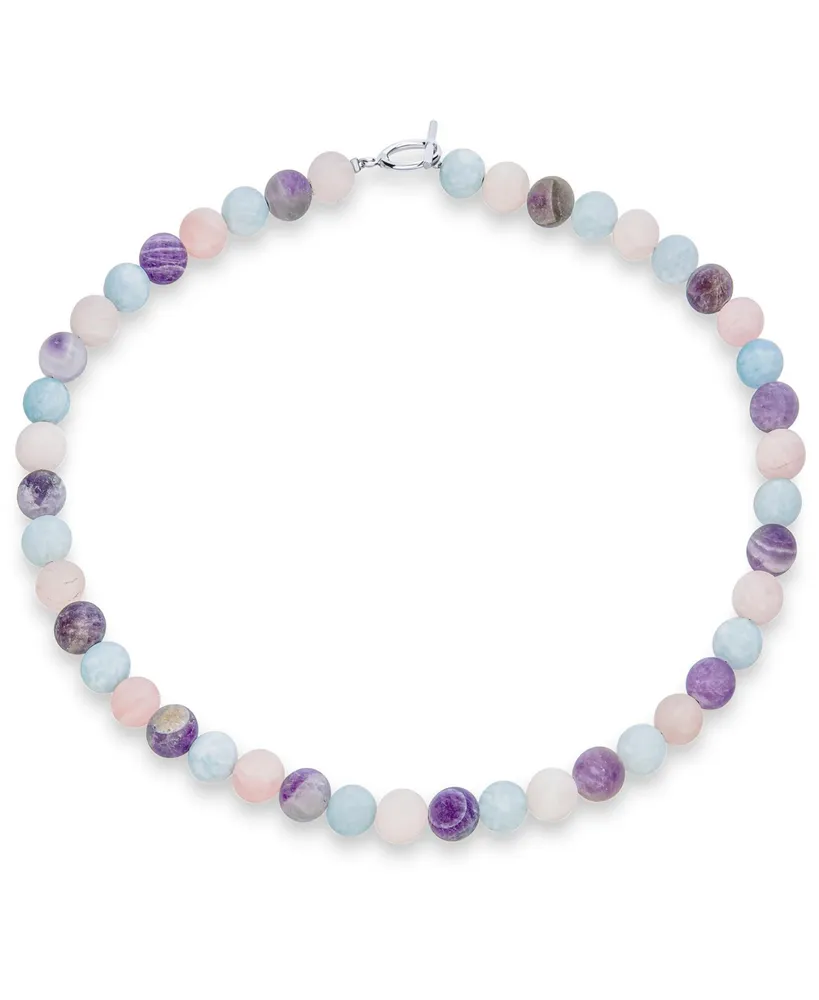 Plain Simple Western Jewelry Mixed Amethyst Aquamarine and Rose Quartz Matte Round 10MM Bead Strand Necklace For Women Silver Plated Clasp Inch