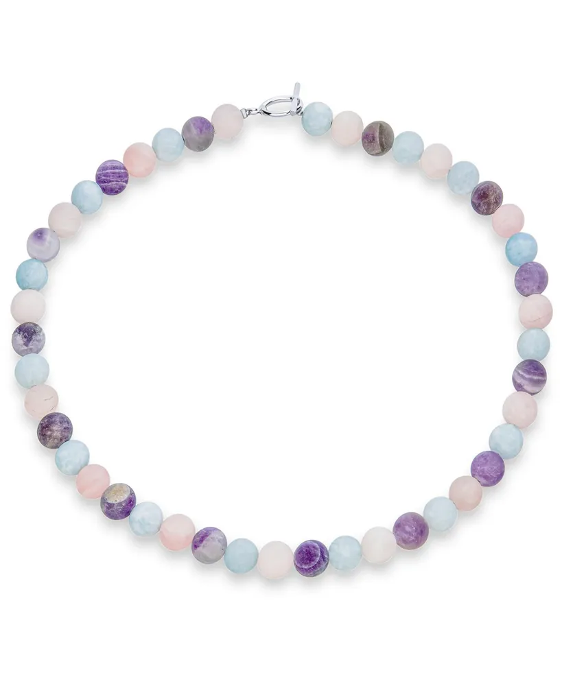 Bling Jewelry Plain Simple Mixed Amethyst Aquamarine and Natural Rose Quartz Matte Round 10MM Bead Strand Necklace For Women Silver Plated Clasp In