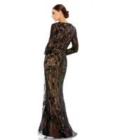 Women's Embellished Long Sleeve Plunge Neck Trumpet Gown