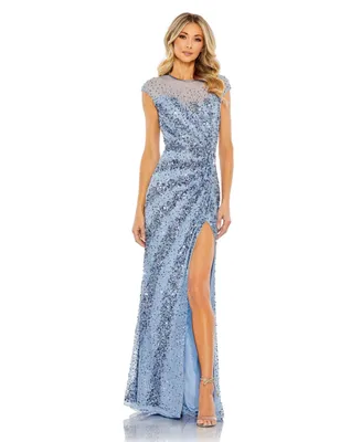 Mac Duggal Women's Embellished Illusion High Neck Cap Sleeve Gown