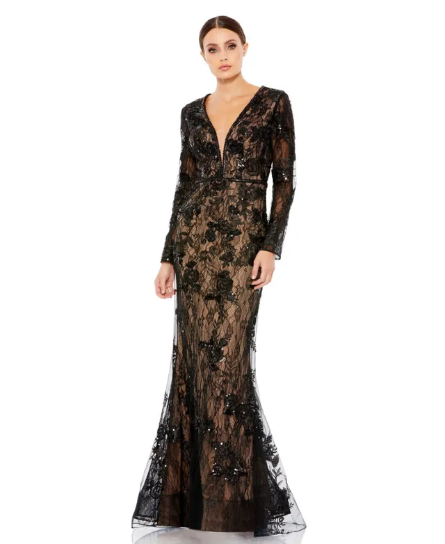 sachin and babi light blue dress Long Sleeve Macys Black Evening Dress Mac Duggal Women's Embellished Long  Sleeve Plunge Neck Trumpet