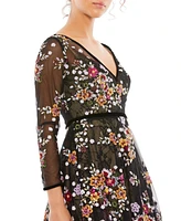 Mac Duggal Women's Black Floral Embroidered Tea Length Dress