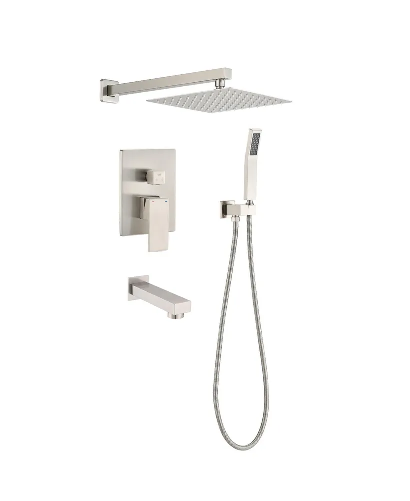 Simplie Fun Brushed Nickel Shower System 10 Inch Brass Bathroom Deluxe Rain Mixed Shower Combination Set