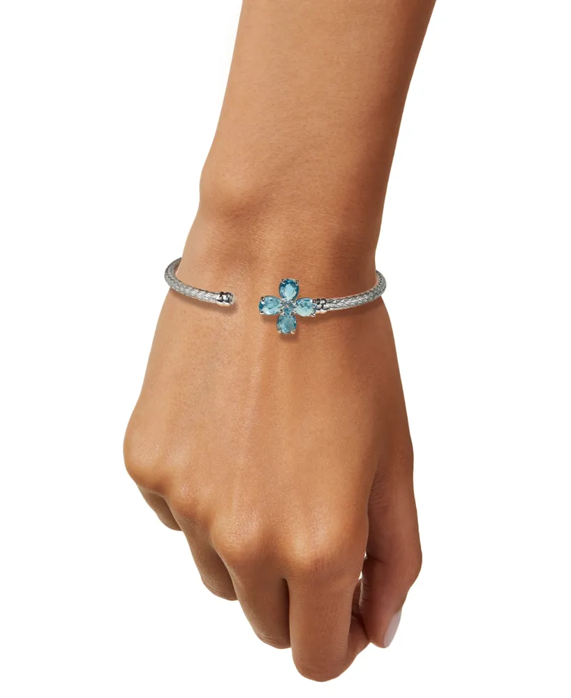 Swiss Blue Topaz Clover Flower Woven Cuff Bracelet (3-1/5 ct. t.w.) in Sterling Silver