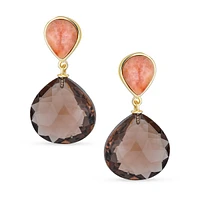 Bling Jewelry Elegant Translucent Briolette Peach Chocolate Brown Pear Shaped Natural Smoky Quartz Faceted Teardrop Drop Earrings Women Gold Plated