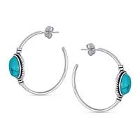 Bling Jewelry Western Style Oval Compressed Blue Synthetic Turquoise Braid Edge Twisted Rope Large Hoop Earrings Oxidized Stainless Steel 1.25 Inch Di