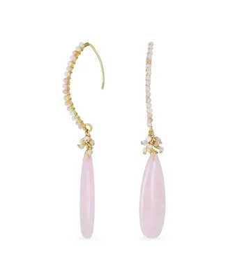 Bling Jewelry Boho Wire Wrap Cluster Bead Accent Elongated Fish Hook Soft Light Pink Peach Rose Quartz Long Teardrop Gemstone Chandelier Dangle Earrin