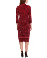 London Times Women's Placed Print 3/4-Sleeve Jersey Sheath Dress