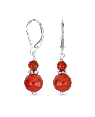 Bling Jewelry Red Natural Carnelian Bali Milgrain Edged Beaded Rondel Separator Double Ball Round Drop Dangle Earrings Sterling Silver Lever back