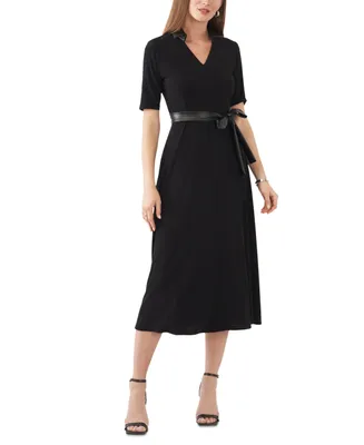 Msk Petite Faux-Leather-Trim Belted Midi Dress